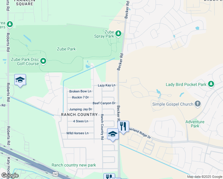 map of restaurants, bars, coffee shops, grocery stores, and more near 24026 Broken Bow Lane in Hockley