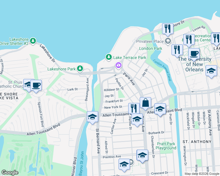 map of restaurants, bars, coffee shops, grocery stores, and more near 6401 Saint Bernard Avenue in New Orleans