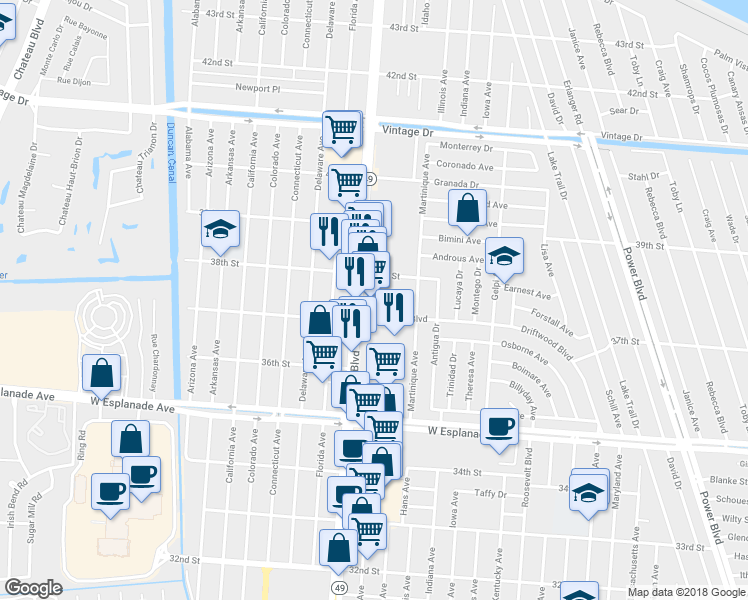 map of restaurants, bars, coffee shops, grocery stores, and more near 3712 Williams Boulevard in Kenner