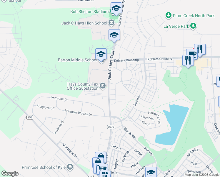 map of restaurants, bars, coffee shops, grocery stores, and more near 1020 Nevarez in Kyle