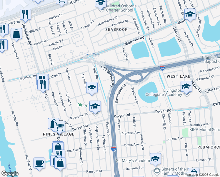 map of restaurants, bars, coffee shops, grocery stores, and more near 6540 I-10 Service Road in New Orleans