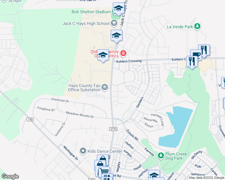 map of restaurants, bars, coffee shops, grocery stores, and more near 1020 Nevarez in Kyle