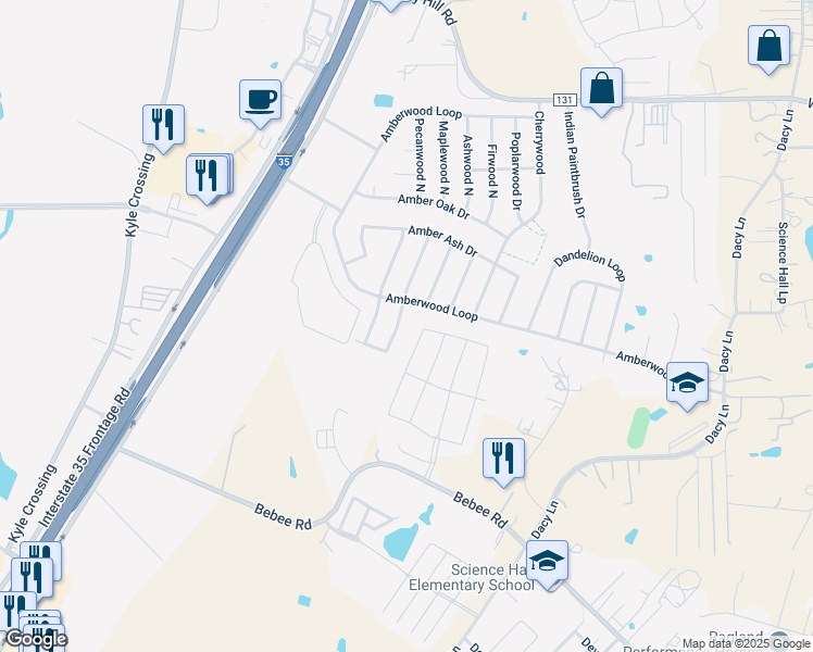 map of restaurants, bars, coffee shops, grocery stores, and more near 140 Maplewood South in Kyle
