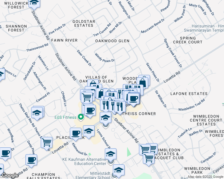 map of restaurants, bars, coffee shops, grocery stores, and more near 7203 Oakwood Glen Boulevard in Spring