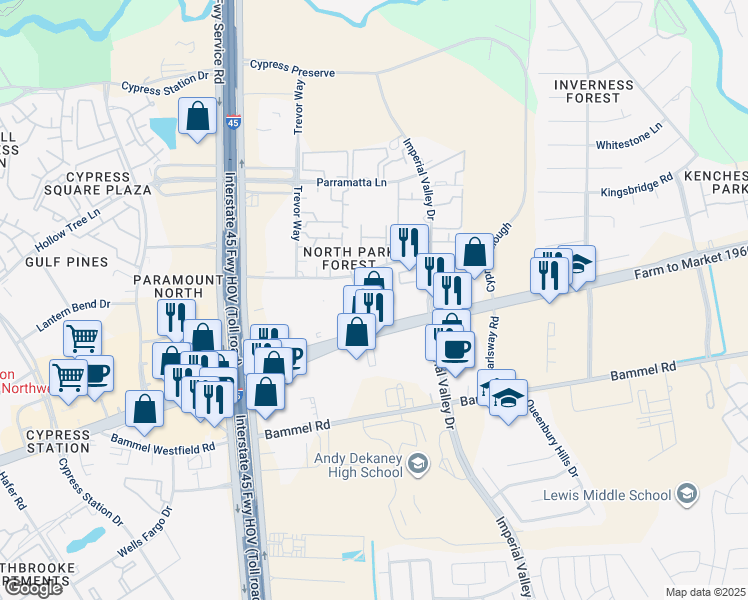 map of restaurants, bars, coffee shops, grocery stores, and more near 415 FM 1960 Road East in Houston