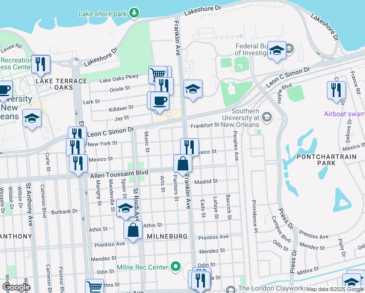 map of restaurants, bars, coffee shops, grocery stores, and more near 6322 Franklin Avenue in New Orleans
