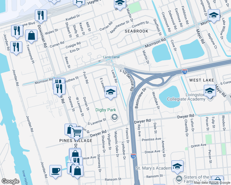 map of restaurants, bars, coffee shops, grocery stores, and more near 6912 East Hermes Street in New Orleans