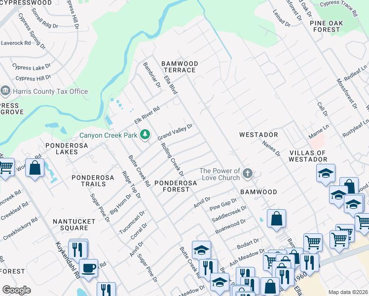 map of restaurants, bars, coffee shops, grocery stores, and more near 1511 Castlerock Road in Houston