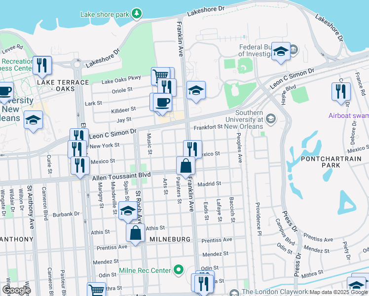 map of restaurants, bars, coffee shops, grocery stores, and more near 6322 Franklin Avenue in New Orleans
