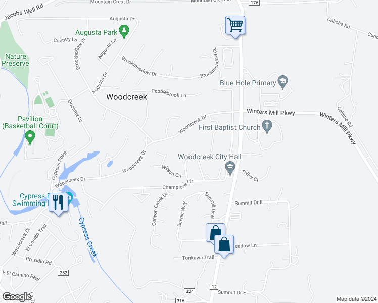 map of restaurants, bars, coffee shops, grocery stores, and more near 35 Palmer Lane in Wimberley