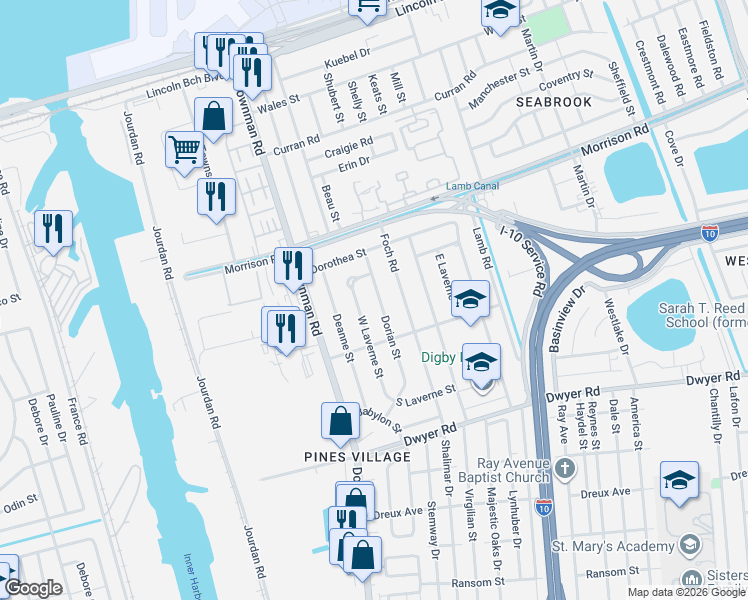 map of restaurants, bars, coffee shops, grocery stores, and more near 6960 Dorian Street in New Orleans