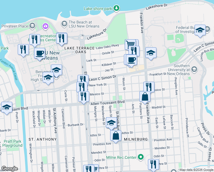 map of restaurants, bars, coffee shops, grocery stores, and more near 6327 Mandeville Street in New Orleans