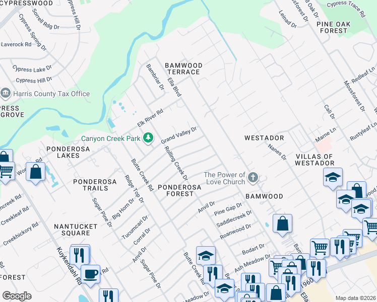 map of restaurants, bars, coffee shops, grocery stores, and more near 1511 Castlerock Road in Houston