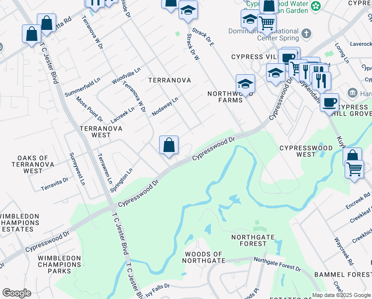 map of restaurants, bars, coffee shops, grocery stores, and more near 5600 Cypresswood Drive in Spring