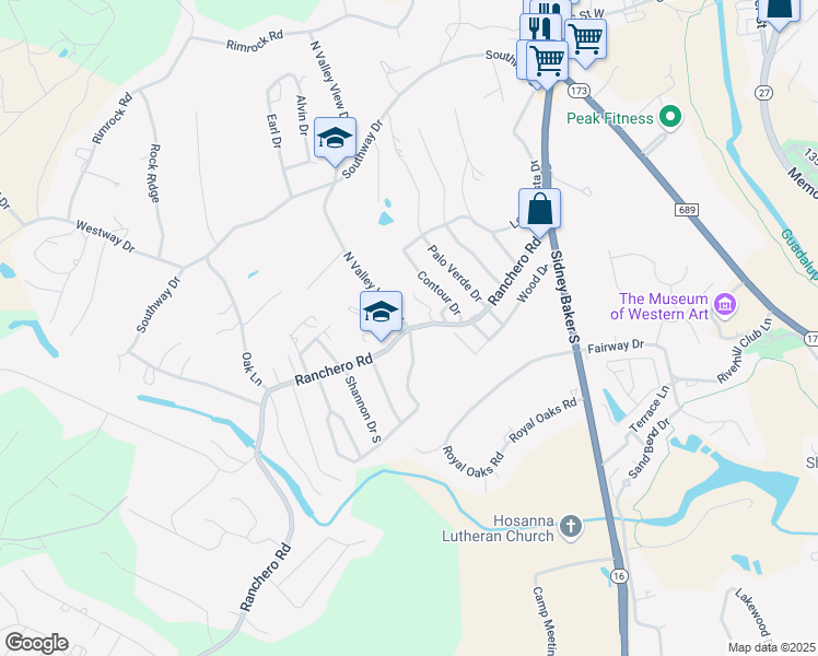 map of restaurants, bars, coffee shops, grocery stores, and more near 100 North Valley View Drive in Kerrville