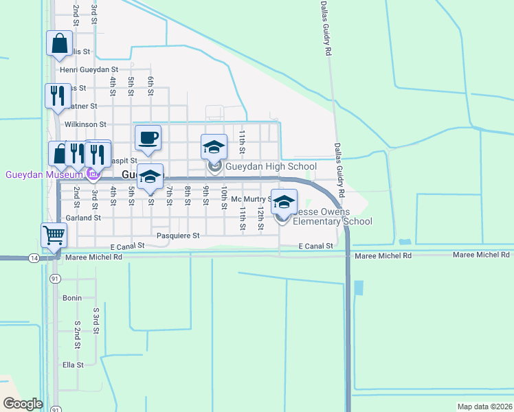 map of restaurants, bars, coffee shops, grocery stores, and more near 301-399 11th Street in Gueydan