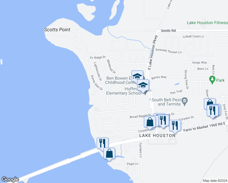 map of restaurants, bars, coffee shops, grocery stores, and more near 217 Loon River Drive in Huffman