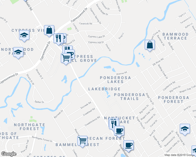 map of restaurants, bars, coffee shops, grocery stores, and more near 217 Woerner Road in Houston