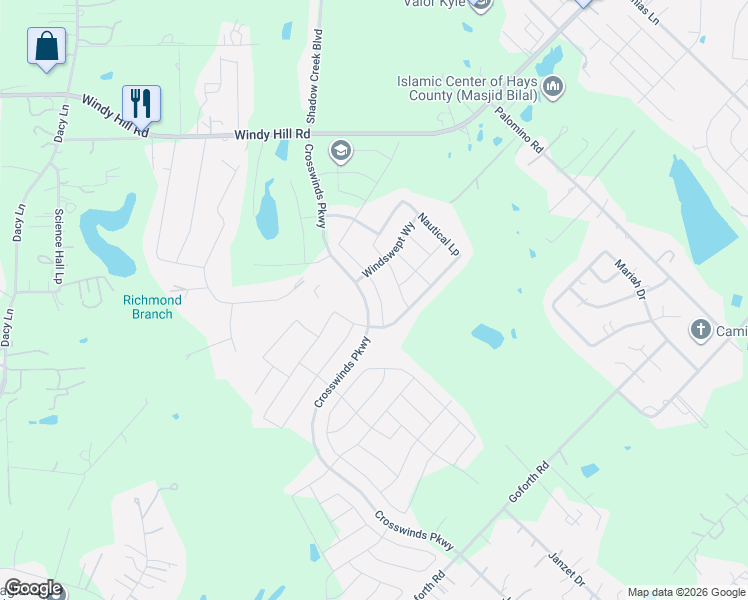 map of restaurants, bars, coffee shops, grocery stores, and more near 144 Tailwind Drive in Kyle