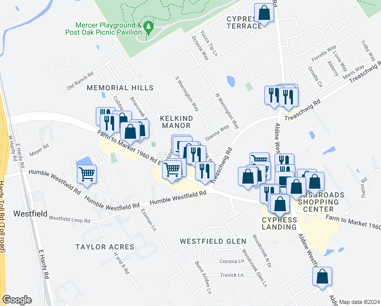 map of restaurants, bars, coffee shops, grocery stores, and more near 21439 Palma Grove Way in Houston