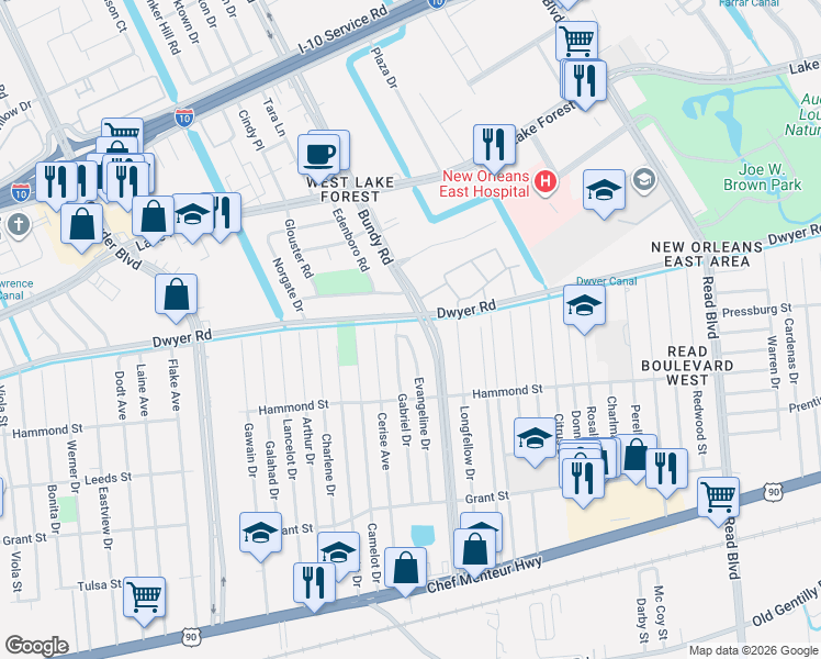 map of restaurants, bars, coffee shops, grocery stores, and more near 4935 Evangeline Drive in New Orleans