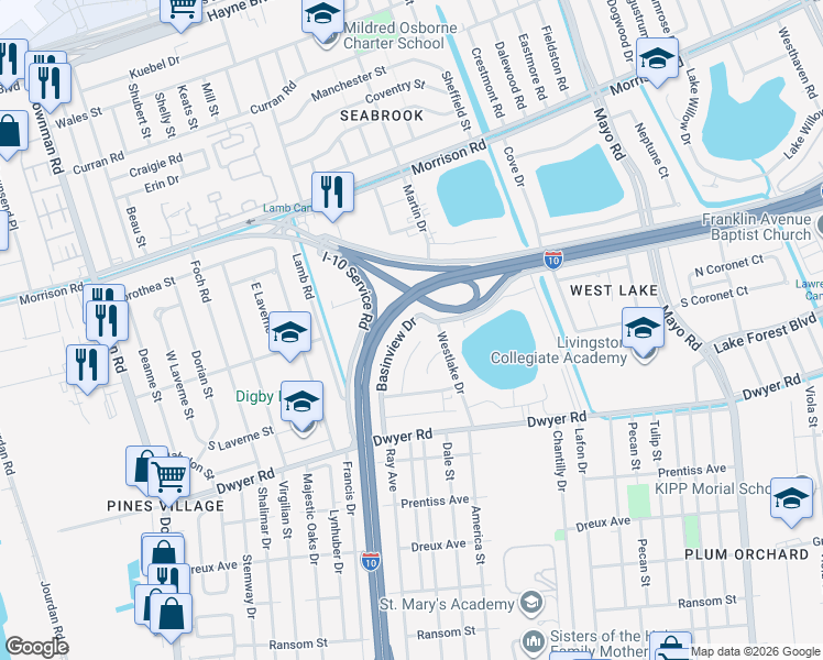 map of restaurants, bars, coffee shops, grocery stores, and more near 5218 Lakeview Court in New Orleans