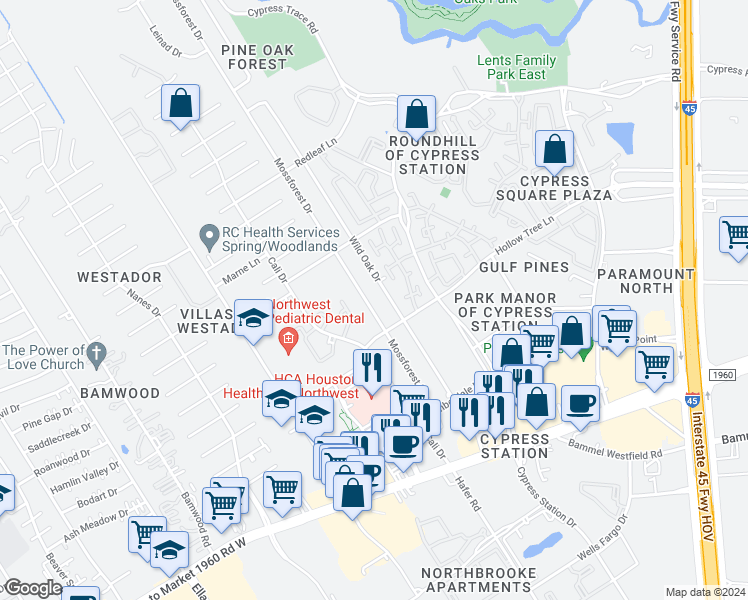 map of restaurants, bars, coffee shops, grocery stores, and more near 17611 Wild Oak Drive in Houston