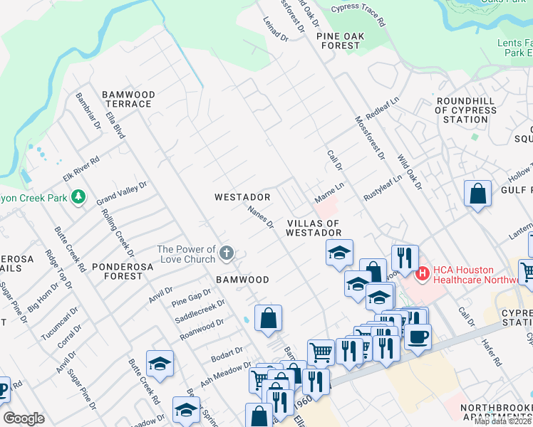 map of restaurants, bars, coffee shops, grocery stores, and more near 1103 Loire Lane in Houston
