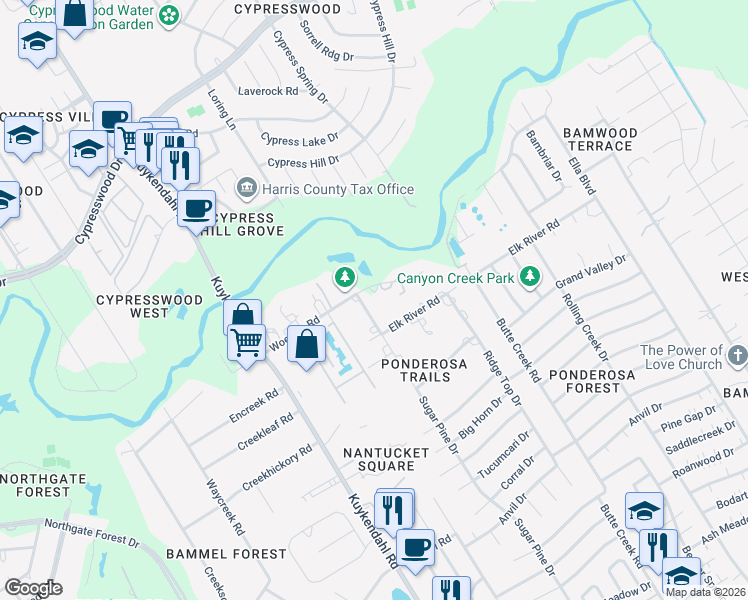 map of restaurants, bars, coffee shops, grocery stores, and more near 18011 Sugar Pine Drive in Houston