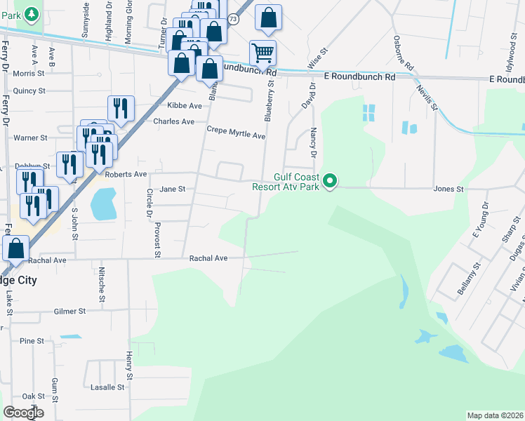 map of restaurants, bars, coffee shops, grocery stores, and more near 445 Blueberry Street in Bridge City