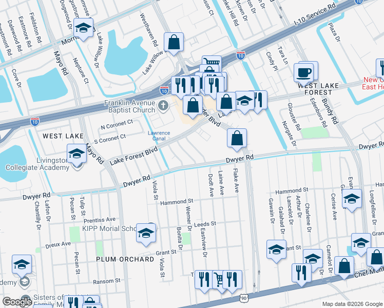 map of restaurants, bars, coffee shops, grocery stores, and more near 5521 Christian Lane in New Orleans