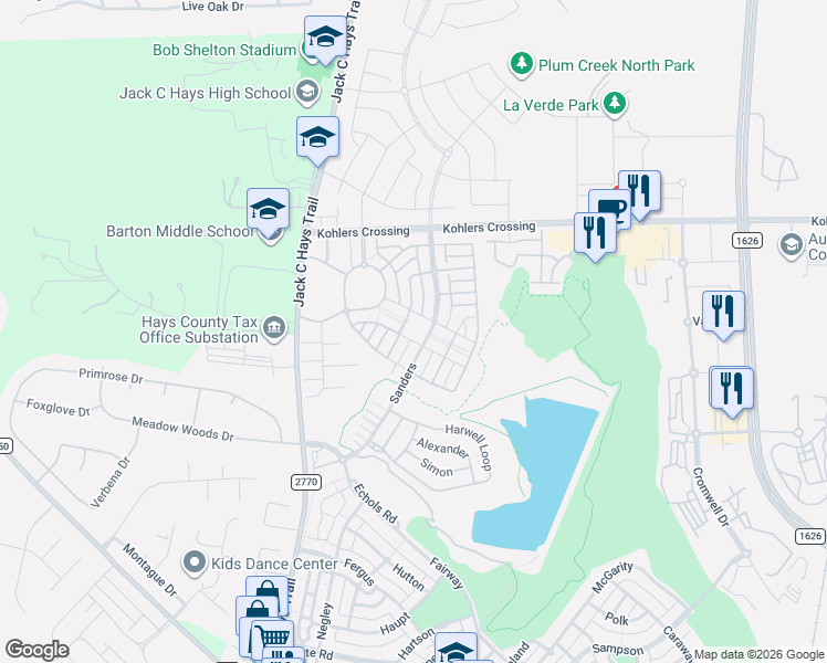 map of restaurants, bars, coffee shops, grocery stores, and more near 1286 Sanders in Kyle