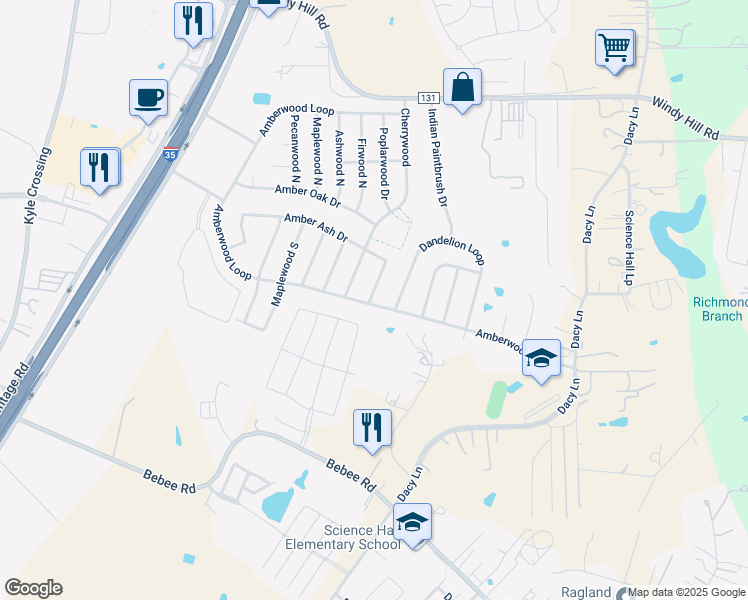 map of restaurants, bars, coffee shops, grocery stores, and more near 1377 Amberwood Loop in Kyle