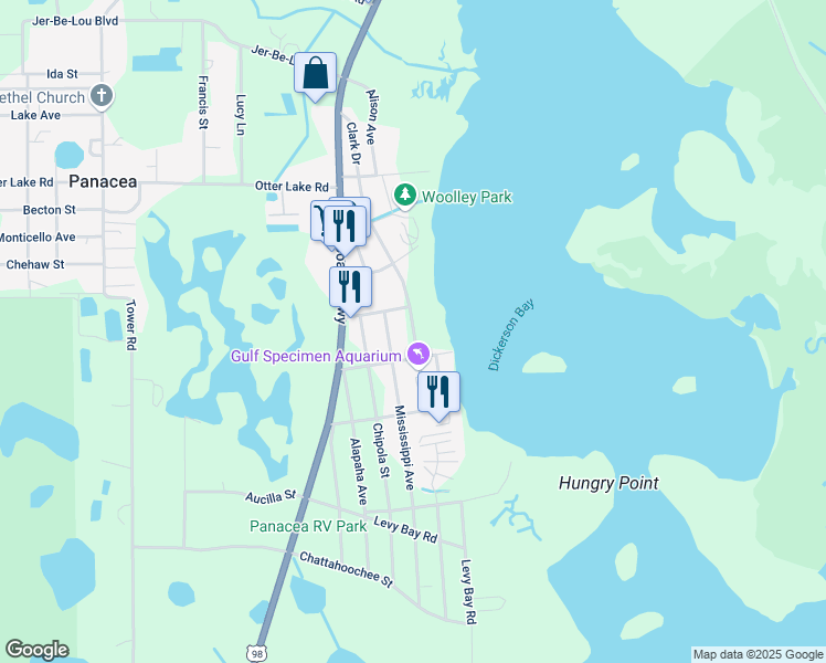 map of restaurants, bars, coffee shops, grocery stores, and more near 211 Clark Drive in Panacea