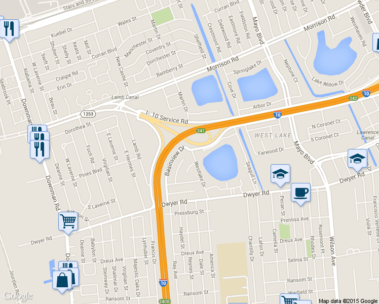 map of restaurants, bars, coffee shops, grocery stores, and more near 5218 Lakeview Court in New Orleans