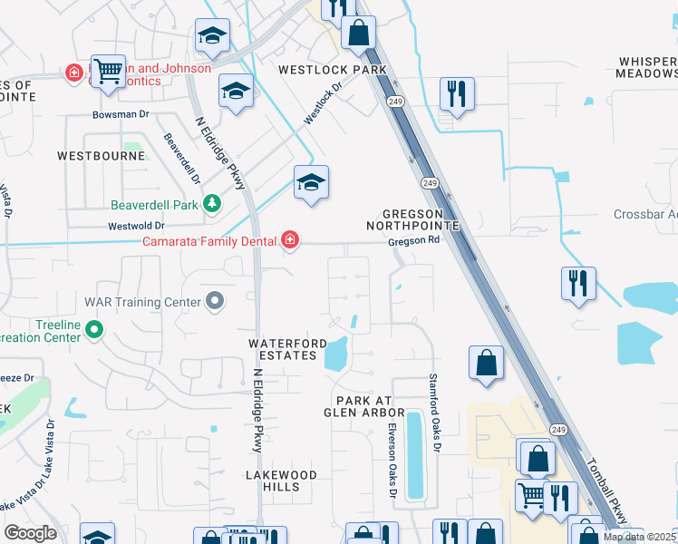 map of restaurants, bars, coffee shops, grocery stores, and more near 11707 Hillsgate Court in Tomball