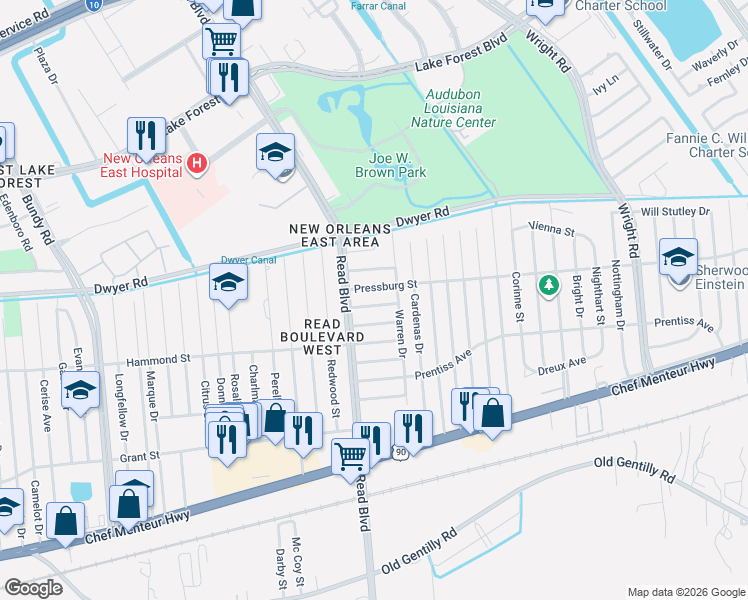 map of restaurants, bars, coffee shops, grocery stores, and more near 10211 Hillwood Street in New Orleans