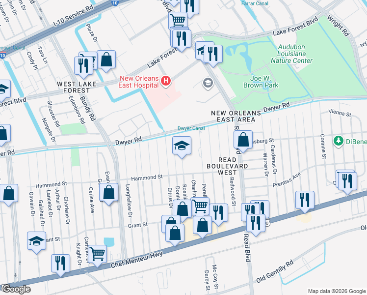 map of restaurants, bars, coffee shops, grocery stores, and more near 4861 Rosalia Drive in New Orleans