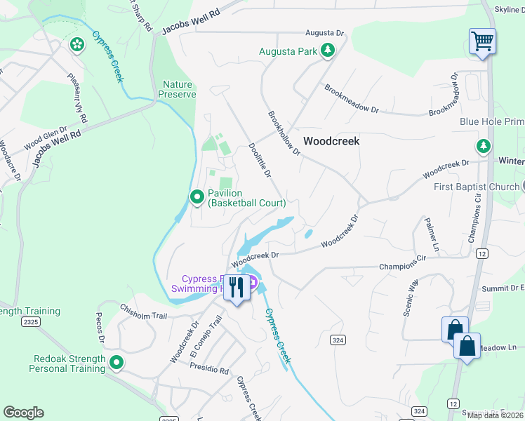 map of restaurants, bars, coffee shops, grocery stores, and more near 31 Cypress Point in Wimberley