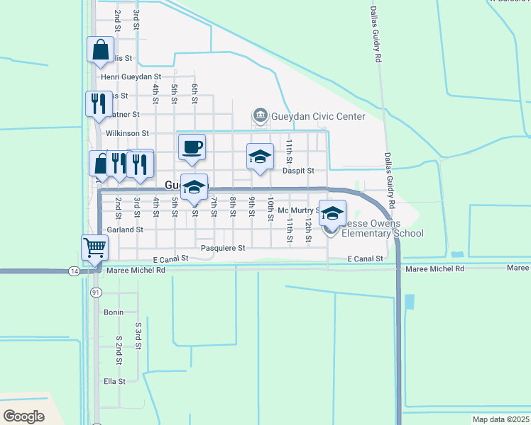 map of restaurants, bars, coffee shops, grocery stores, and more near 310 10th Street in Gueydan