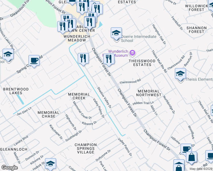 map of restaurants, bars, coffee shops, grocery stores, and more near 17910 Vintage Wood Lane in Spring