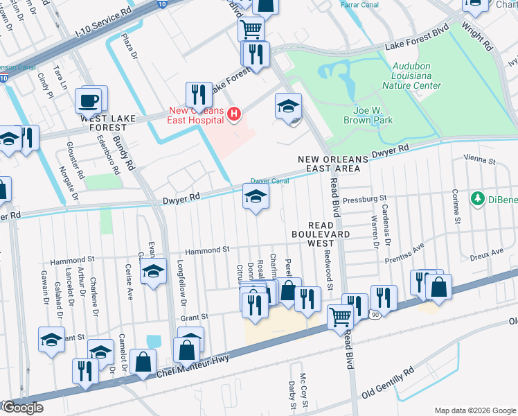 map of restaurants, bars, coffee shops, grocery stores, and more near 4861 Rosalia Drive in New Orleans
