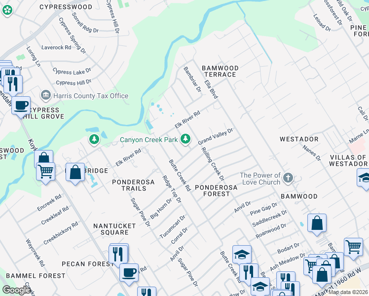 map of restaurants, bars, coffee shops, grocery stores, and more near 1619 Grand Valley Drive in Houston