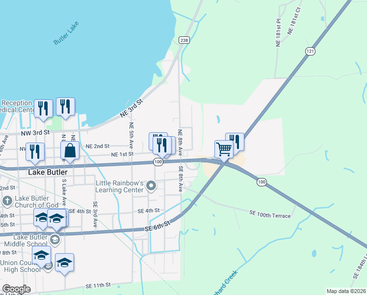 map of restaurants, bars, coffee shops, grocery stores, and more near 817 East Main Street in Lake Butler
