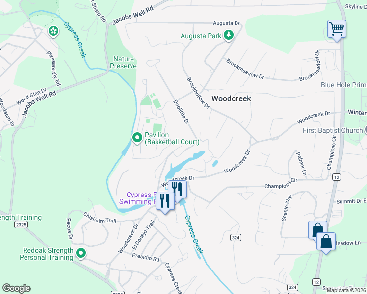 map of restaurants, bars, coffee shops, grocery stores, and more near 29 Cypress Point in Wimberley