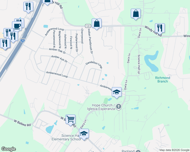 map of restaurants, bars, coffee shops, grocery stores, and more near 610 Dandelion Loop in Kyle