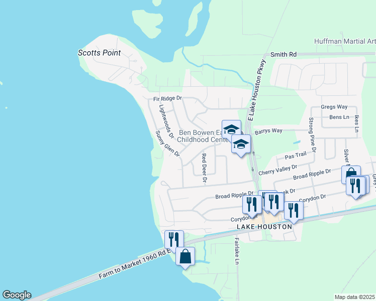map of restaurants, bars, coffee shops, grocery stores, and more near 216 Swift Current Drive in Huffman