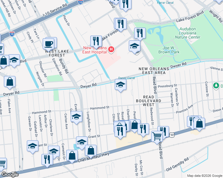 map of restaurants, bars, coffee shops, grocery stores, and more near 4900 Donna Drive in New Orleans