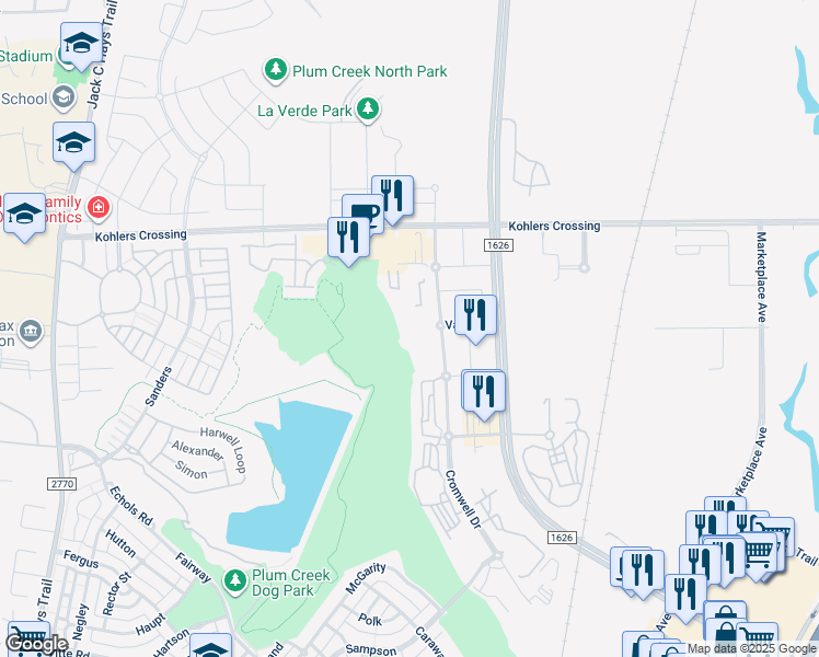 map of restaurants, bars, coffee shops, grocery stores, and more near 4300 Cromwell Drive in Kyle