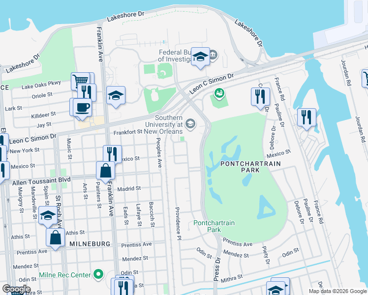 map of restaurants, bars, coffee shops, grocery stores, and more near Campus Boulevard in New Orleans